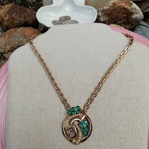 1940's Retro Style Pearl & Green Rhinestone Necklace